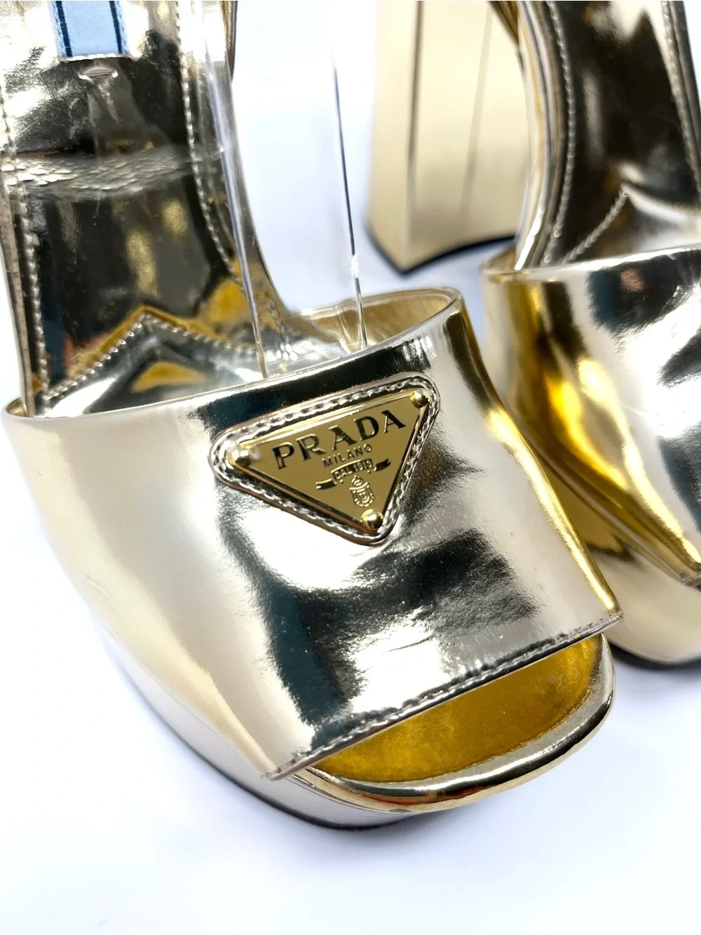 Prada Gold Metallic Leather Triangle Logo Strappy Platform Sandals Heels 36.5